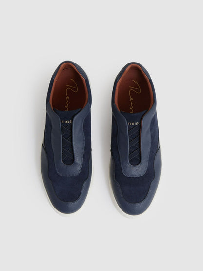 Leather Elasticated-Lace Trainers Navy Blue | Mens