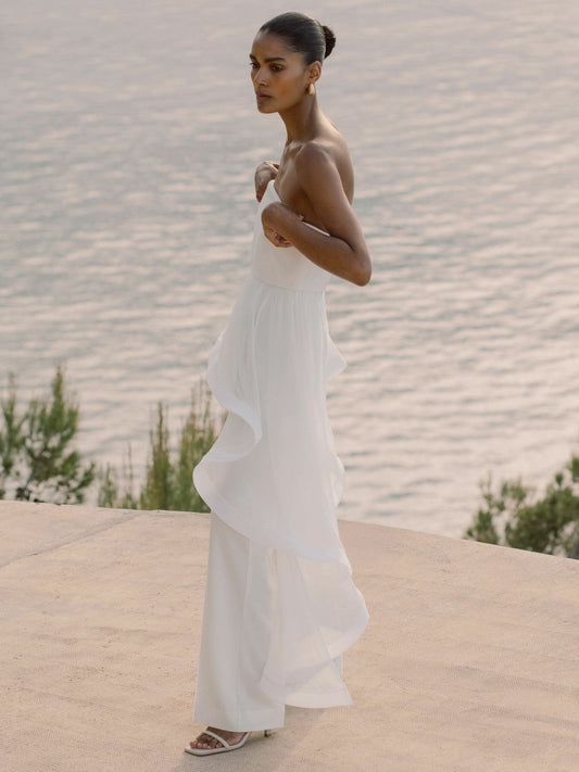 Silk Ruffle Bandeau Wide-Leg Jumpsuit Ivory | Womens