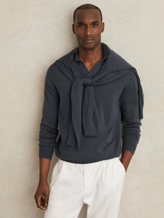 Merino Wool Open-Collar Polo Shirt Midnight Navy | Mens
