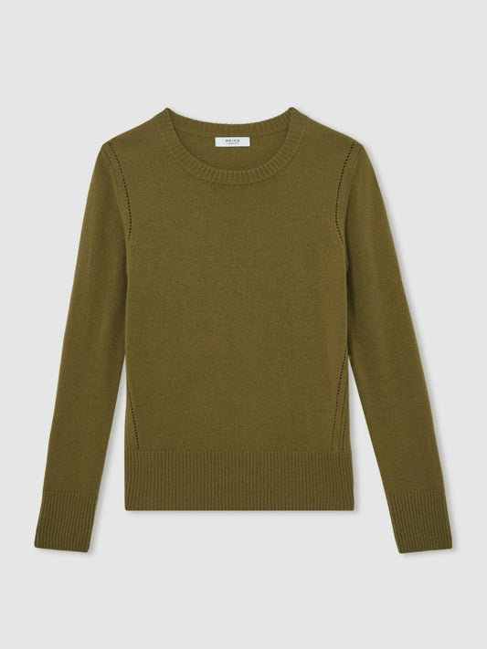 Wool-Blend Open-Stitch Jumper with Cashmere Khaki Green | Womens
