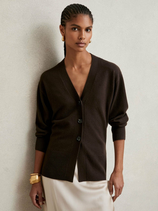 Wool-Blend Fitted Cardigan With Cashmere Chocolate | Womens