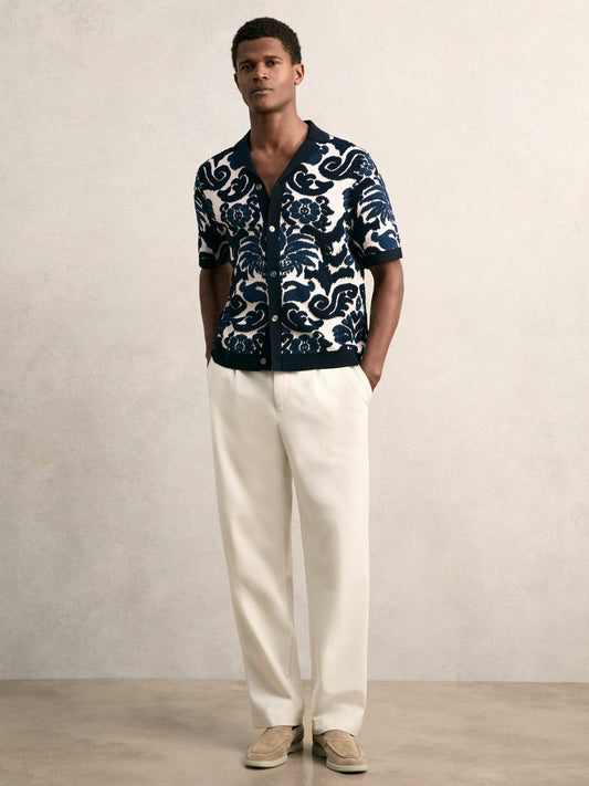 Paisley Jacquard Knit Shirt Navy Blue/White | Mens