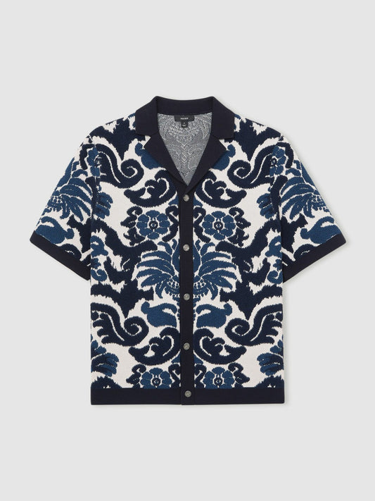 Paisley Jacquard Knit Shirt Navy Blue/White | Mens