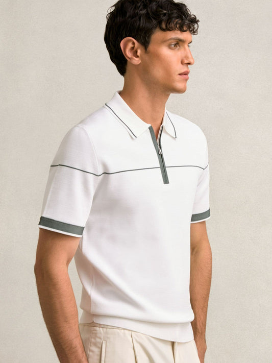 Half Zip Tipped Polo Shirt White/Green | Mens