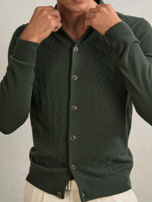 Wool V-Stitch Button-Through Cardigan Forest Green | Mens