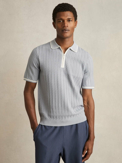 Micro-Cable Half-Zip Polo Shirt Soft Blue | Mens