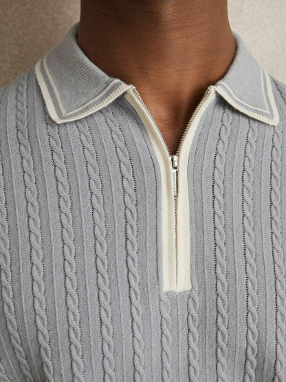 Micro-Cable Half-Zip Polo Shirt Soft Blue | Mens