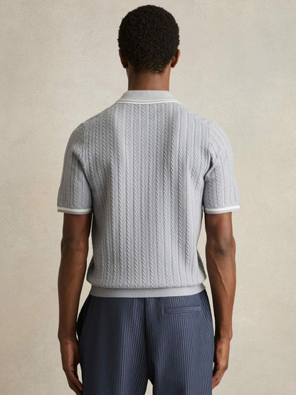 Micro-Cable Half-Zip Polo Shirt Soft Blue | Mens