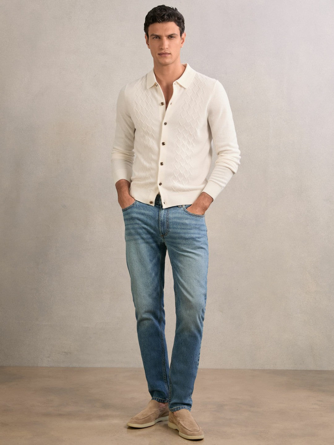 Wool V-Stitch Button-Through Cardigan Off White | Mens