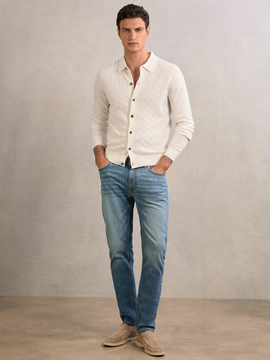 Wool V-Stitch Button-Through Cardigan Off White | Mens