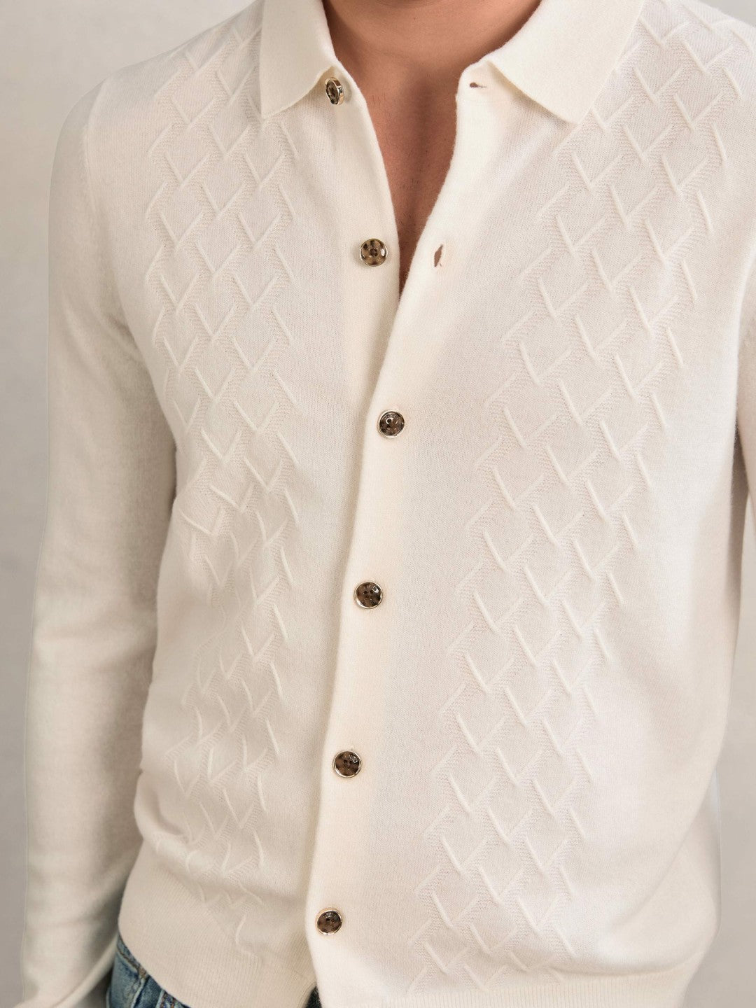 Wool V-Stitch Button-Through Cardigan Off White | Mens