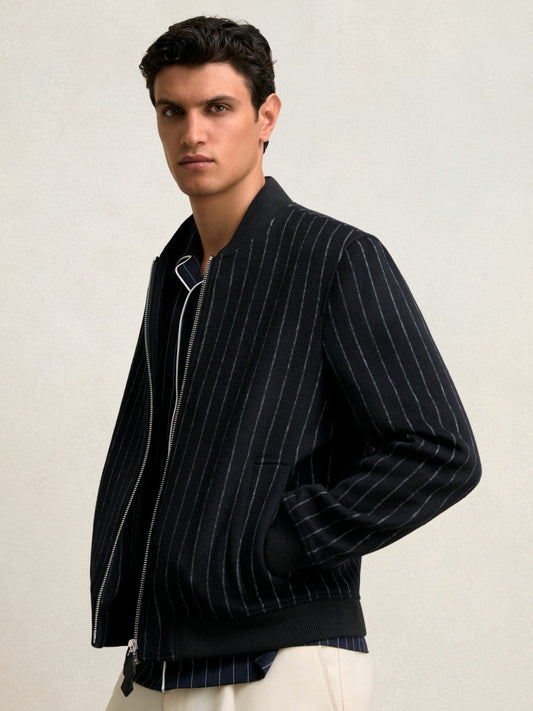 Wool-Blend Chalk-Stripe Bomber Jacket Navy | Mens