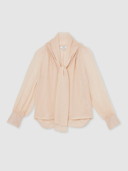 Silk Blend Chiffon Tie-Neck Blouse Pale Pink | Womens