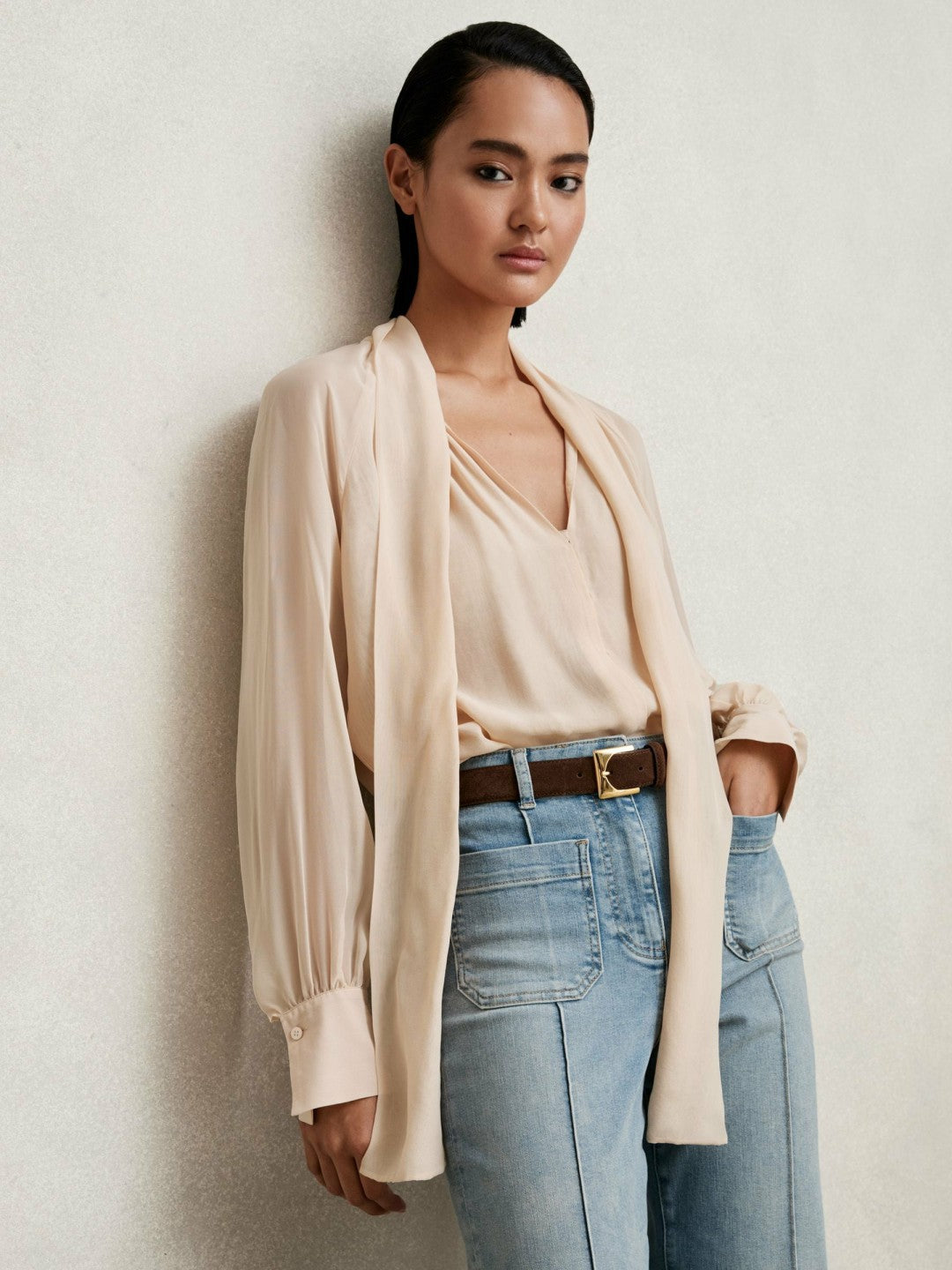 Silk Blend Chiffon Tie-Neck Blouse Pale Pink | Womens