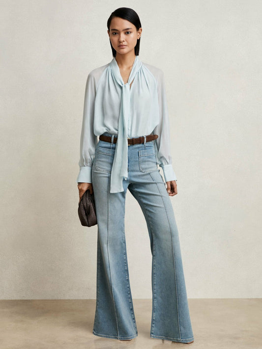 Silk Blend Chiffon Tie-Neck Blouse Pale Blue | Womens