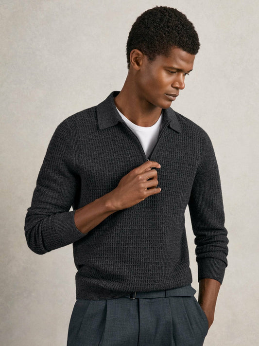 Wool Waffle-Knit Half-Zip Polo Shirt Charcoal Grey | Mens