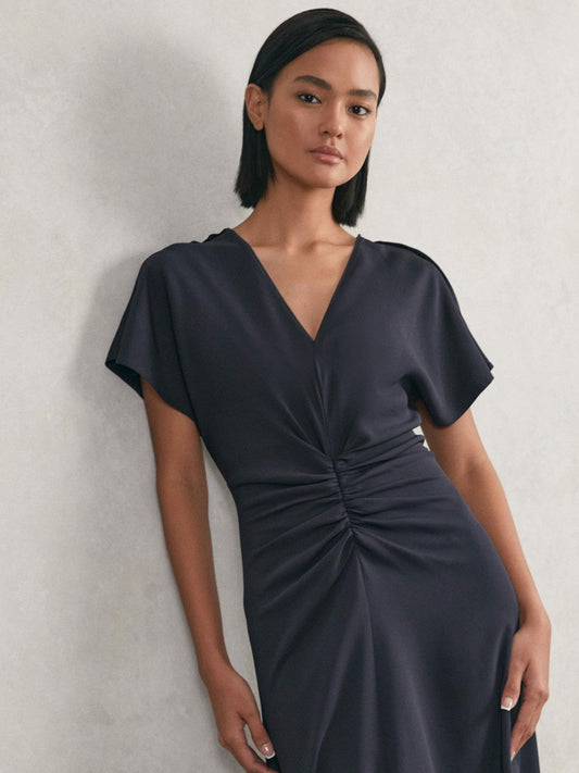 Petite Ruched-Front Midi Dress Navy | Womens