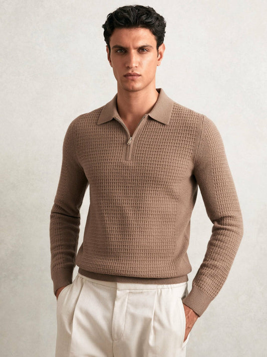 Wool Waffle-Knit Half-Zip Polo Shirt Camel Brown | Mens