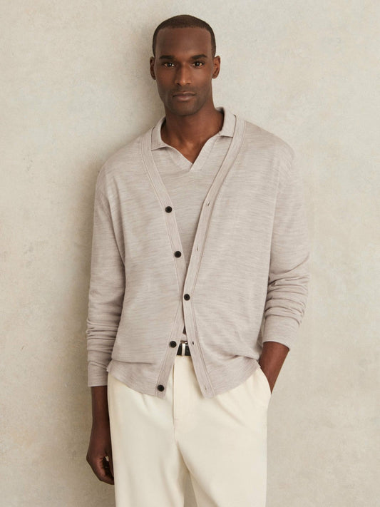 Merino Wool Button-Through Cardigan Wicker Brown Melange | Mens