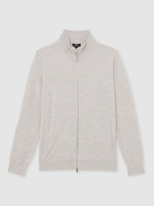 Merino Wool Zip Through Cardigan Wicker Brown Melange | Mens