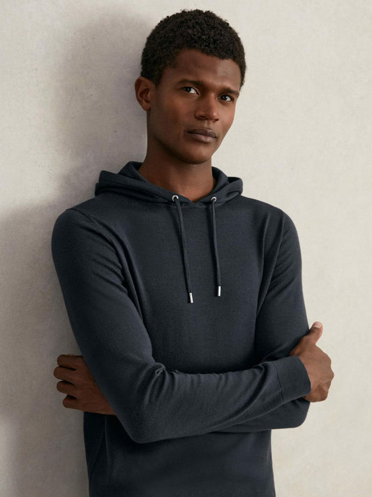 Merino Wool Drawstring Hoodie Midnight Navy | Mens