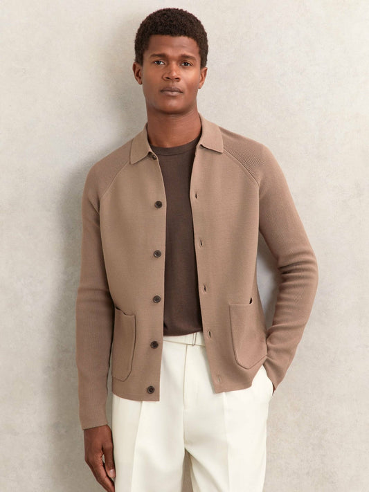 Button-Through Ribbed-Sleeve Shirt Camel Brown | Mens