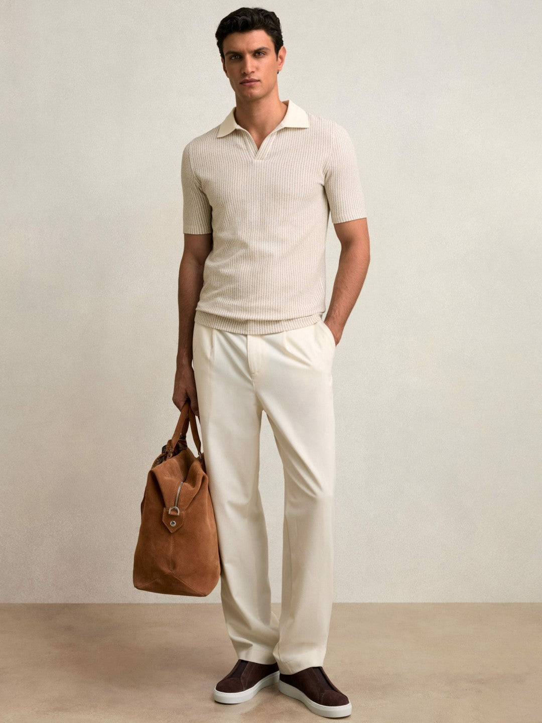 Cotton-Blend Stripe Polo Shirt Ecru/Taupe Brown | Mens