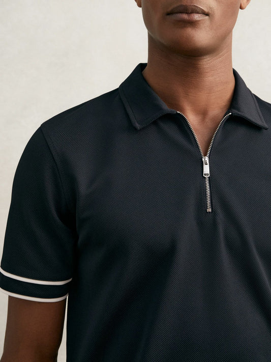 Textured Half-Zip Tipped Polo Shirt Navy | Mens