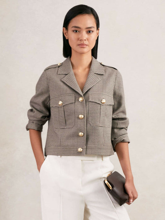 Wool Twin-Pocket Cropped Jacket Neutral Check | Womens