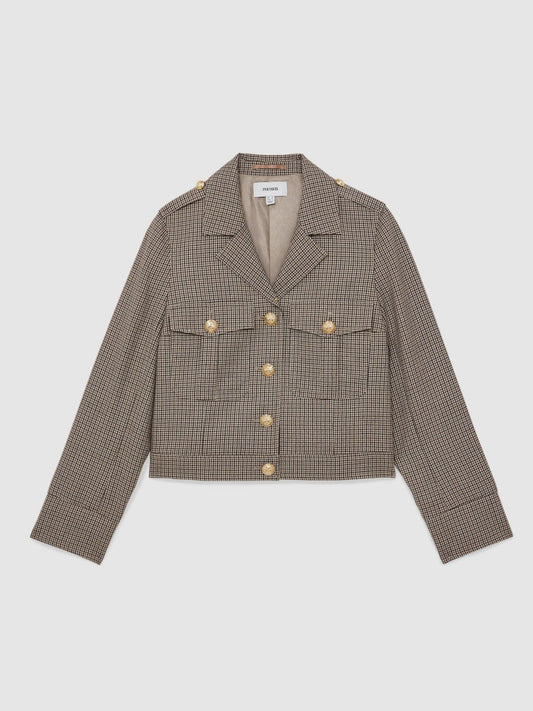 Wool Twin-Pocket Cropped Jacket Neutral Check | Womens