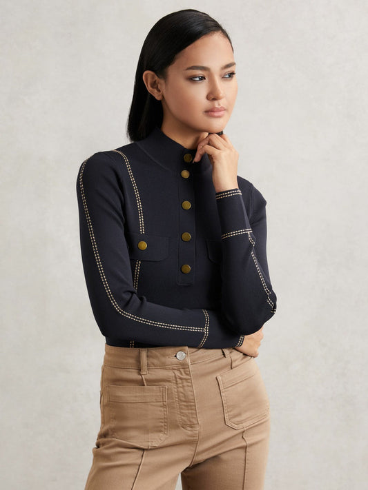 Contrast-Stitch Knit Top Navy | Womens