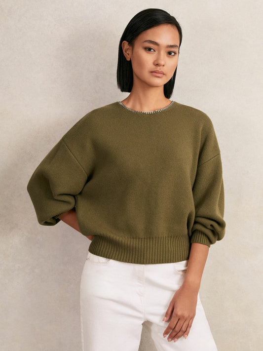 Wool-Blend Necklace-Trim Jumper with Cashmere Sage Green | Womens