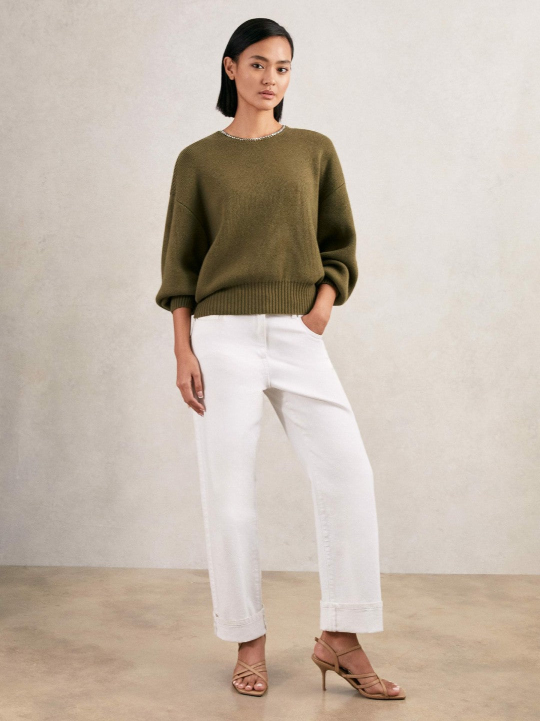 Wool-Blend Necklace-Trim Jumper with Cashmere Sage Green | Womens