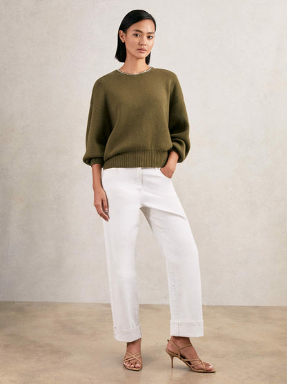 Wool-Blend Necklace-Trim Jumper with Cashmere Sage Green | Womens