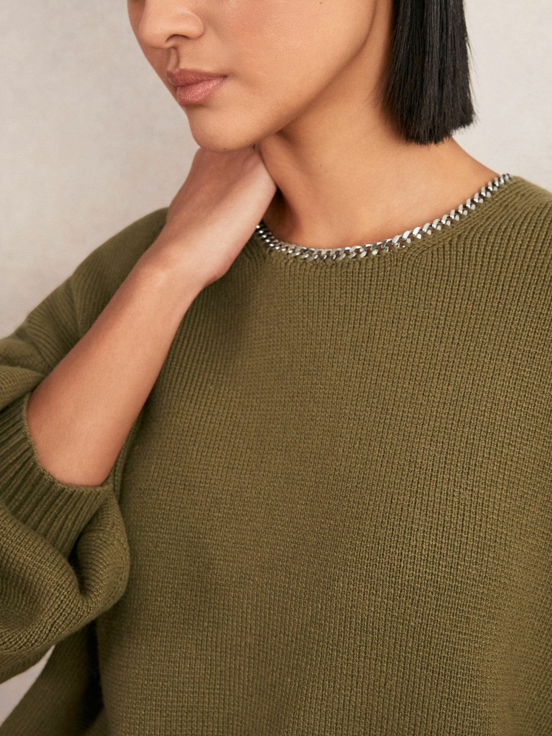 Wool-Blend Necklace-Trim Jumper with Cashmere Sage Green | Womens