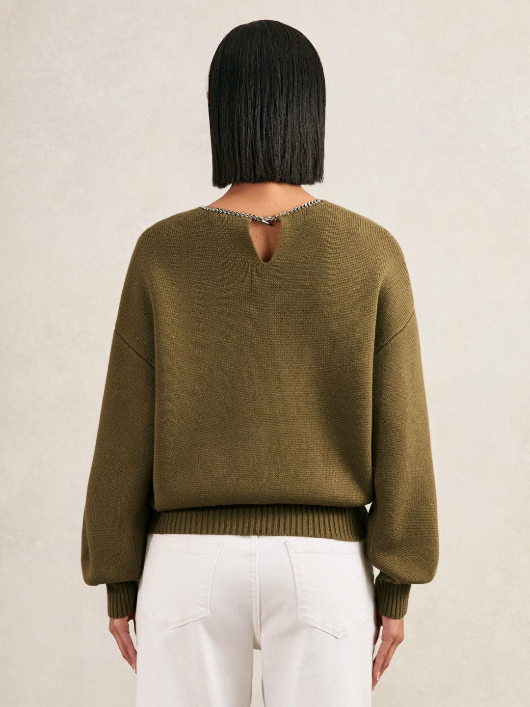 Wool-Blend Necklace-Trim Jumper with Cashmere Sage Green | Womens