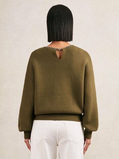 Wool-Blend Necklace-Trim Jumper with Cashmere Sage Green | Womens