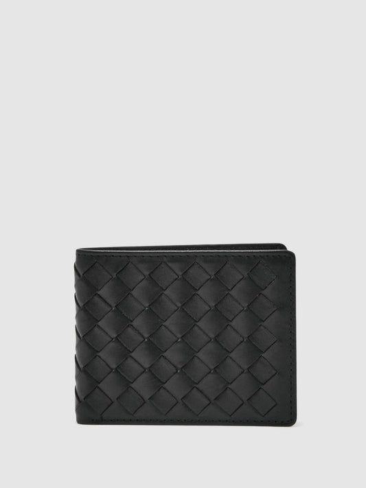 Leather Large Lattice-Effect Wallet Black | Mens