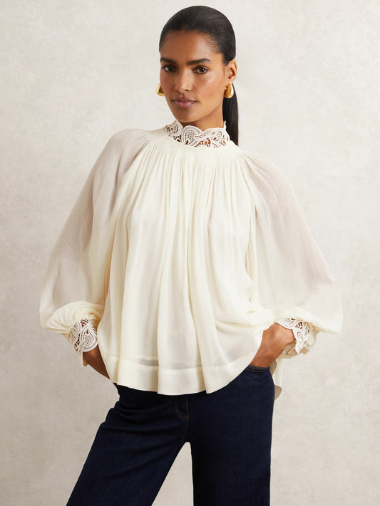 Lace-Trim Draped Chiffon Top Cream | Womens