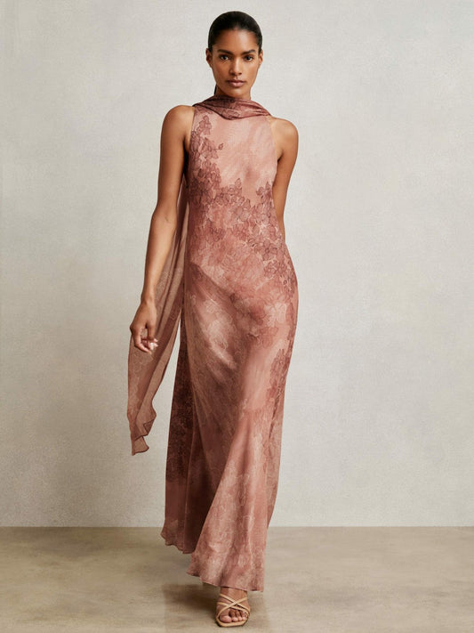 Chiffon Floral Cape Maxi Dress Pale Pink | Womens