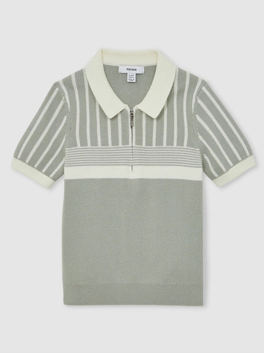 13-14 yrs Cotton Stripe Knit Half-Zip Polo Shirt Sage Green/Off White | Children