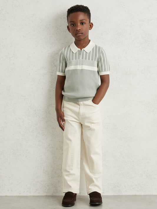 13-14 yrs Cotton Stripe Knit Half-Zip Polo Shirt Sage Green/Off White | Children