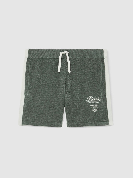 13-14 yrs Chenille Tipped Motor Cars Shorts Dark Sage Green/White | Children