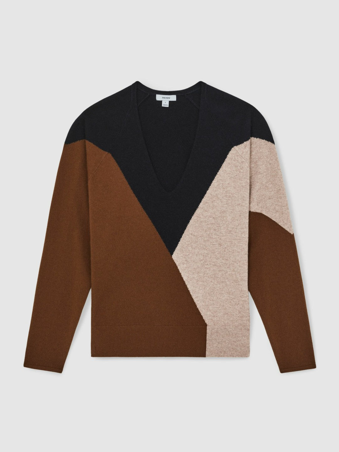 Wool-Blend Colourblock Knit Jumper with Cashmere Toffee Brown/Navy/Neutral | Womens