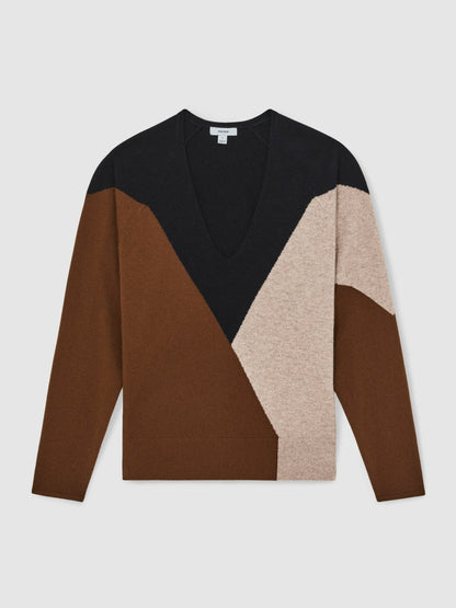 Wool-Blend Colourblock Knit Jumper with Cashmere Toffee Brown/Navy/Neutral | Womens