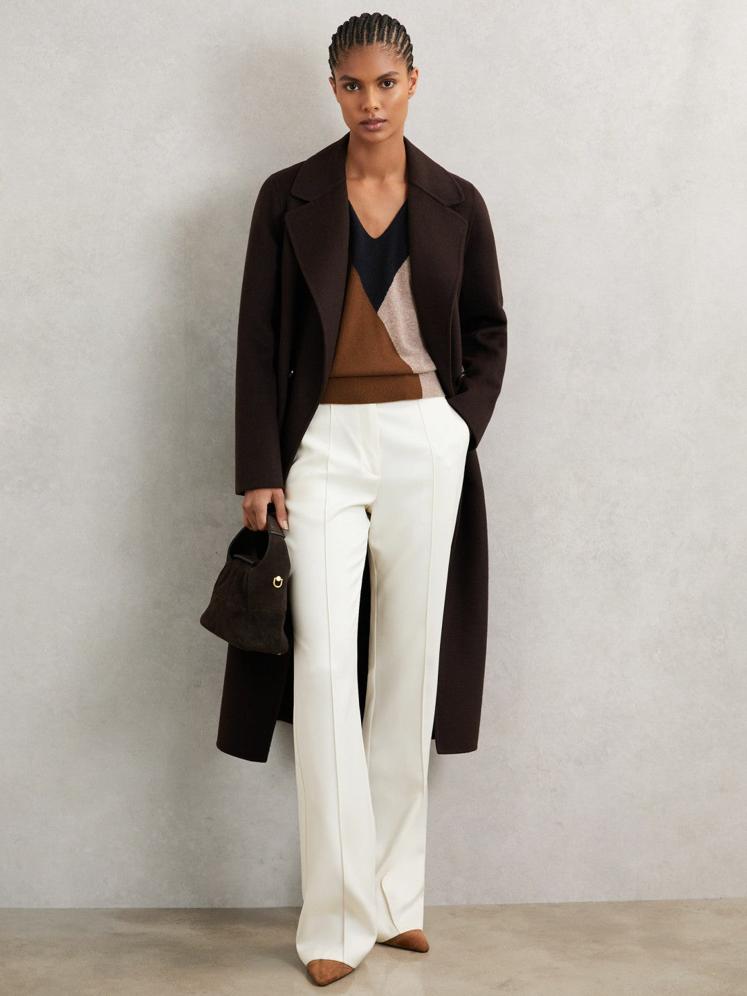Wool-Blend Colourblock Knit Jumper with Cashmere Toffee Brown/Navy/Neutral | Womens