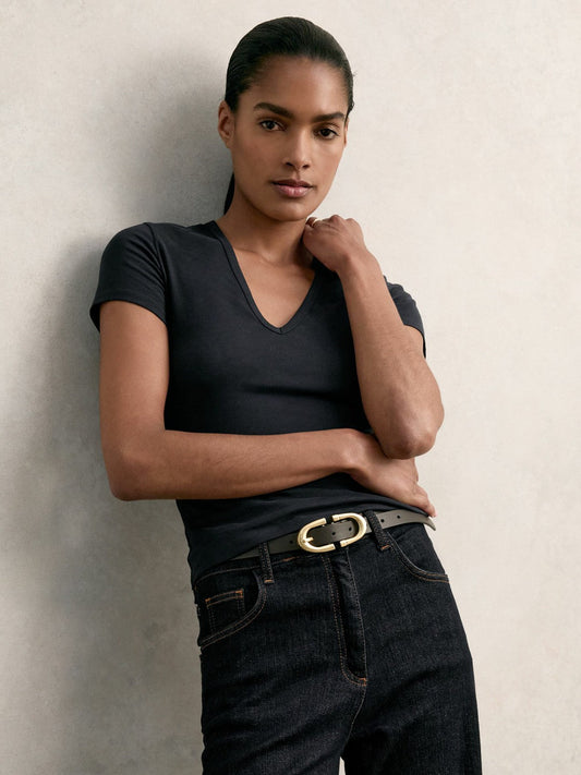 Stretch Cotton V-Neck T-Shirt Navy | Womens