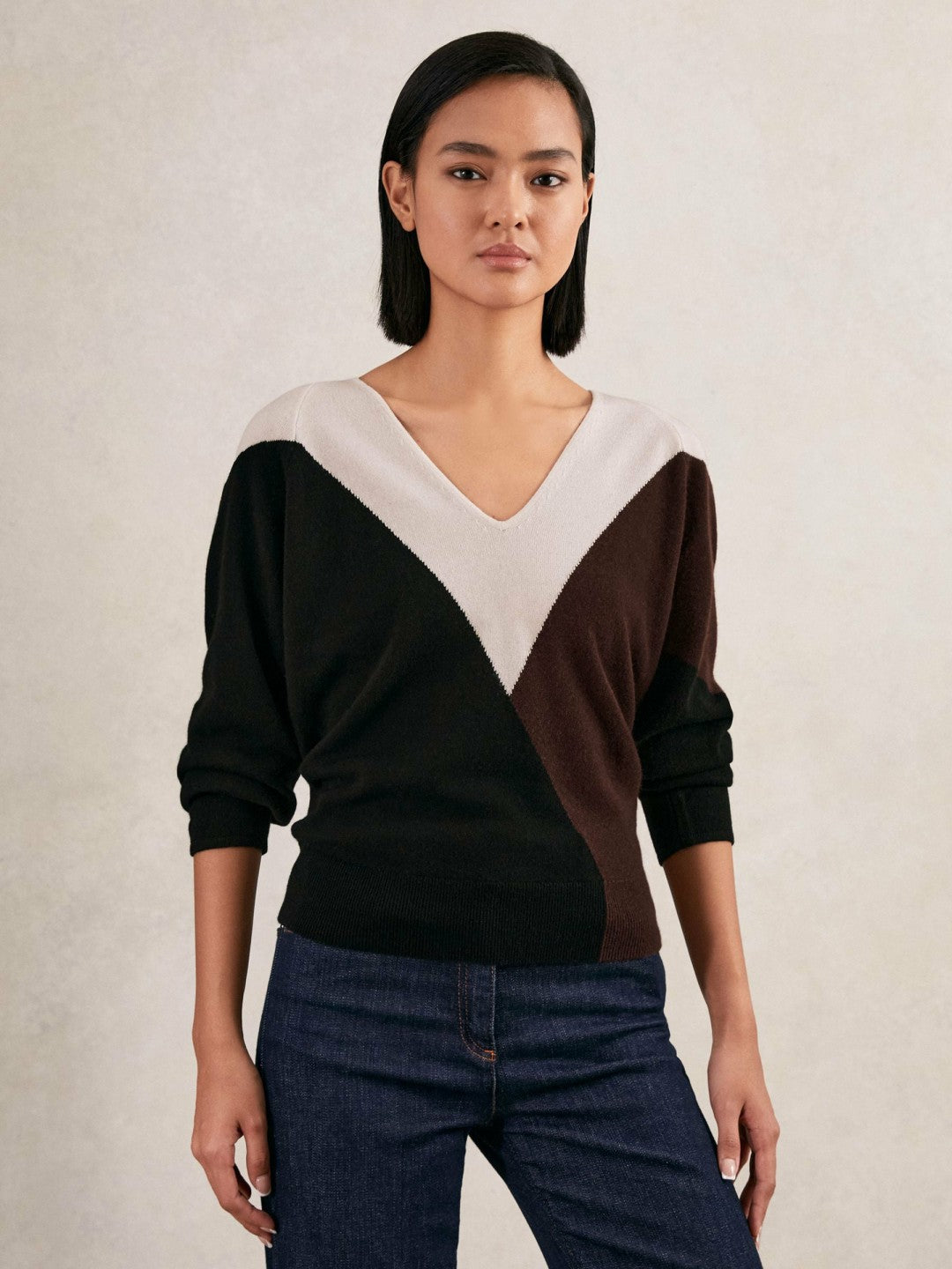 Wool-Blend Colourblock Knit Jumper with Cashmere Black/Burgundy/Cream | Womens
