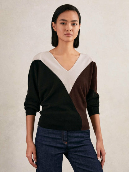 Wool-Blend Colourblock Knit Jumper with Cashmere Black/Burgundy/Cream | Womens