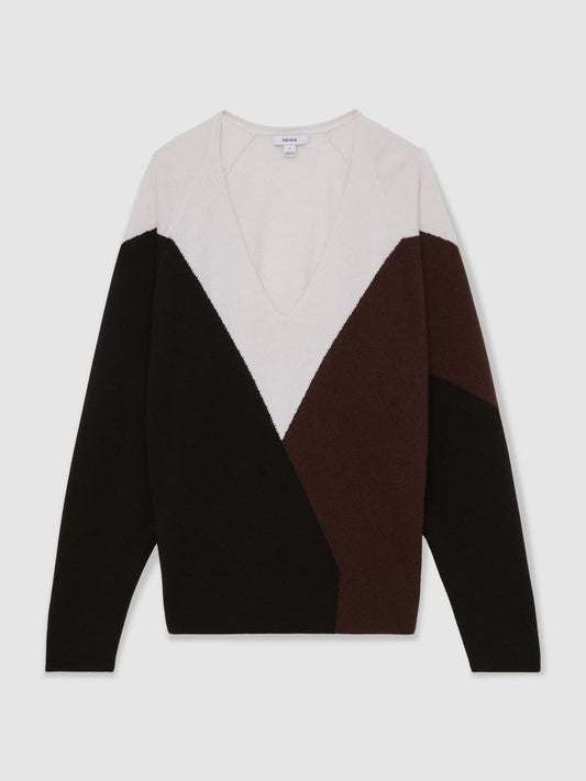 Wool-Blend Colourblock Knit Jumper with Cashmere Black/Burgundy/Cream | Womens